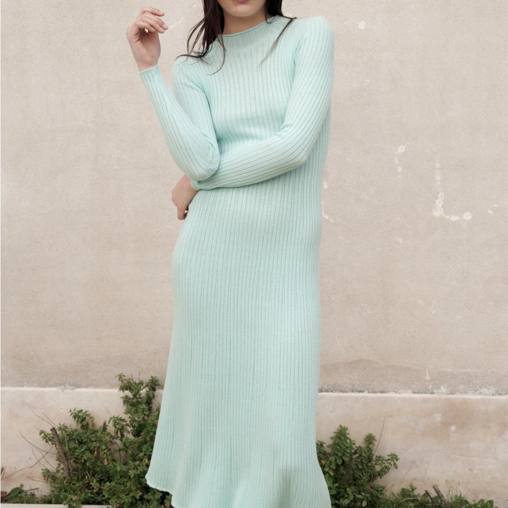 Zara Green Ribbed Ruffled Long Sleeve Dress